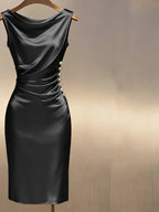 Elegant Black Satin Pearl-Button Midi Dress