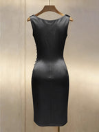 Elegant Black Satin Pearl-Button Midi Dress