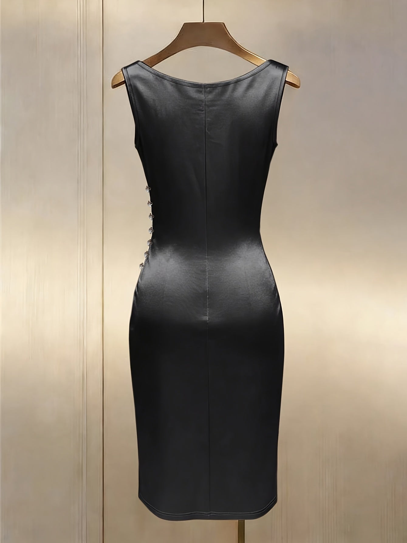 Elegant Black Satin Pearl-Button Midi Dress
