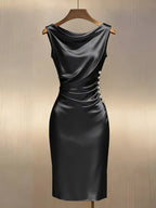 Elegant Black Satin Pearl-Button Midi Dress