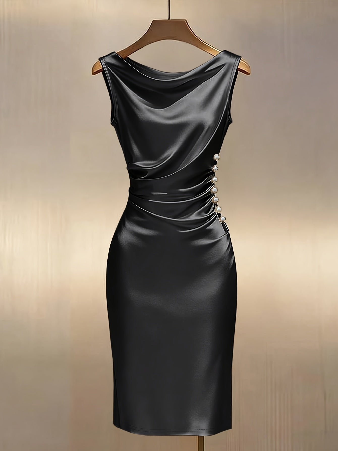 Elegant Black Satin Pearl-Button Midi Dress