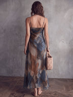 Elegant Watercolor Tie-Dye Cami Maxi Dress, Ruched Waistline Sheer Chiffon Flared Hem Formal Wedding Guest Beach Dress