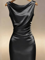 Elegant Black Satin Pearl-Button Midi Dress