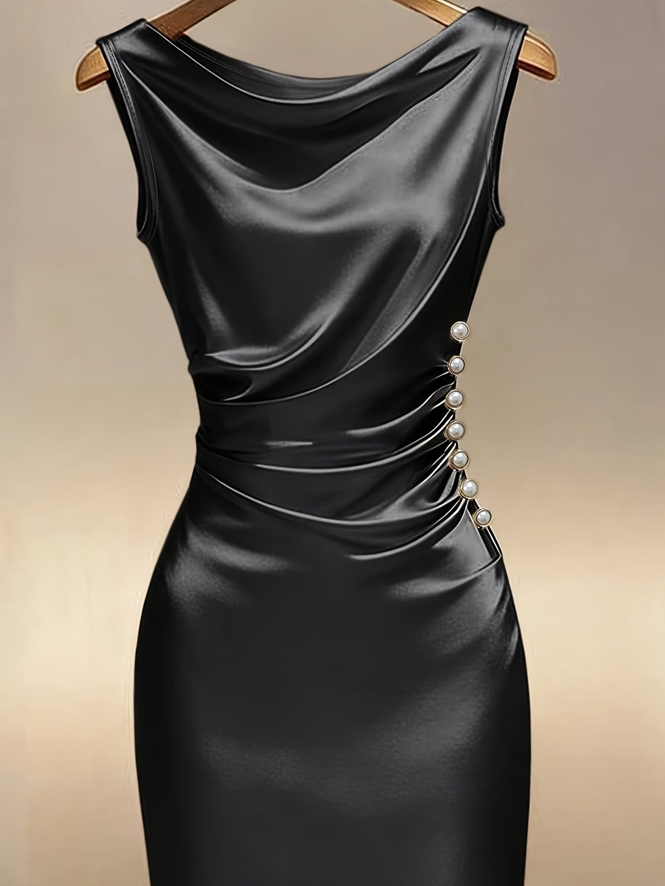 Elegant Black Satin Pearl-Button Midi Dress