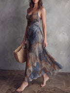 Elegant Watercolor Tie-Dye Cami Maxi Dress, Ruched Waistline Sheer Chiffon Flared Hem Formal Wedding Guest Beach Dress