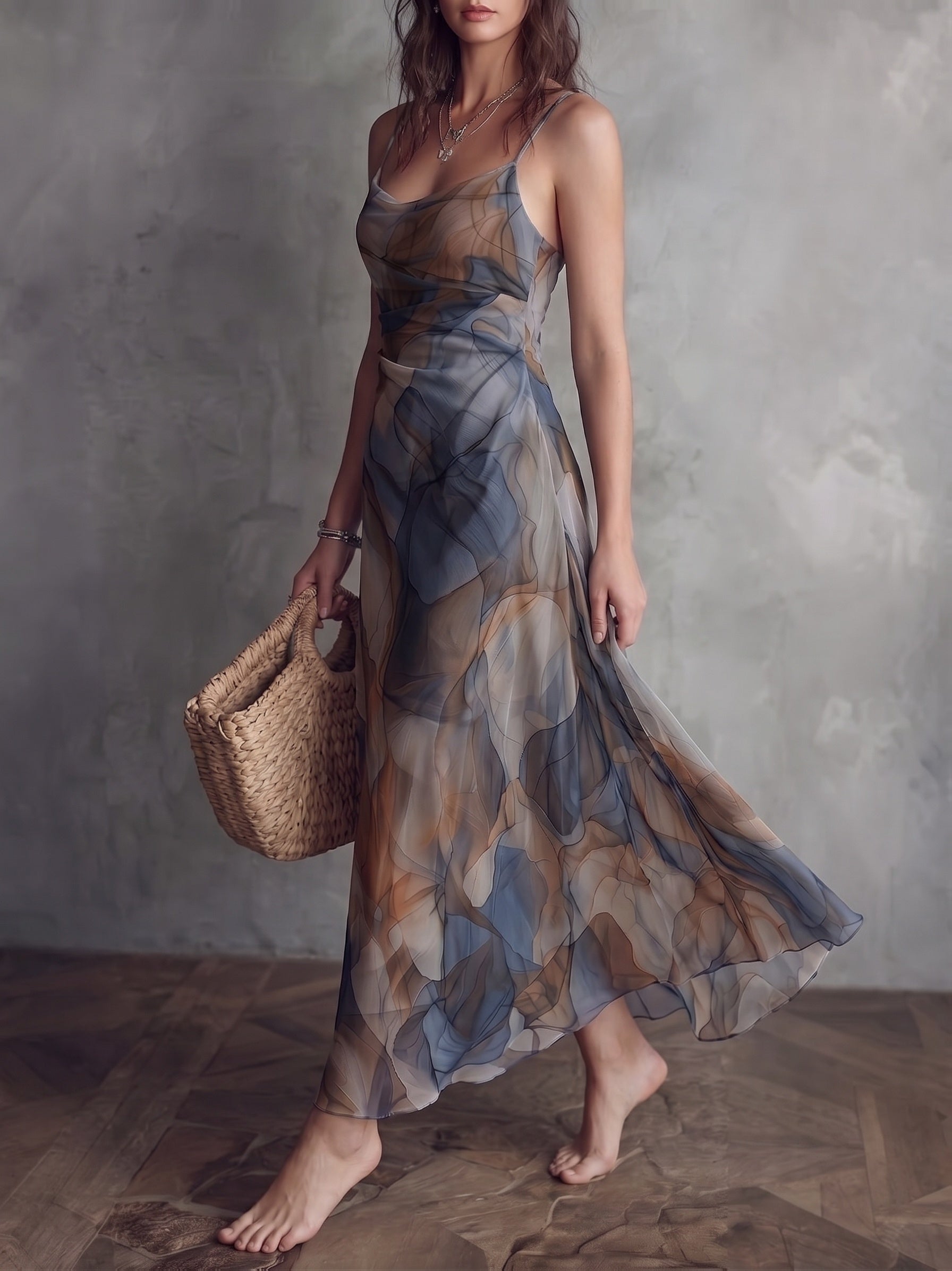 Elegant Watercolor Tie-Dye Cami Maxi Dress, Ruched Waistline Sheer Chiffon Flared Hem Formal Wedding Guest Beach Dress