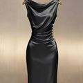 Elegant Black Satin Pearl-Button Midi Dress