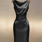 Elegant Black Satin Pearl-Button Midi Dress