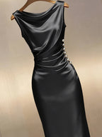Elegant Black Satin Pearl-Button Midi Dress