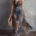 Elegant Watercolor Tie-Dye Cami Maxi Dress, Ruched Waistline Sheer Chiffon Flared Hem Formal Wedding Guest Beach Dress
