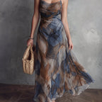 Elegant Watercolor Tie-Dye Cami Maxi Dress, Ruched Waistline Sheer Chiffon Flared Hem Formal Wedding Guest Beach Dress